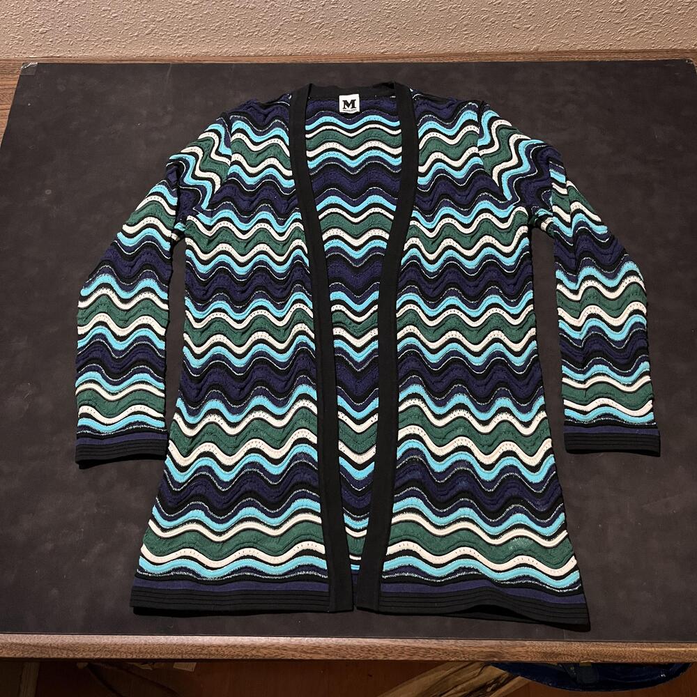 M Missoni Cardigan Sweater Womens 42 Multicolor Wave Stripe Long Open Front